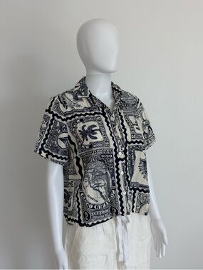 Nicole Miller Navy and Cream Printed Button-Up Top